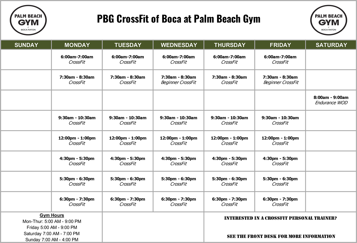 PBG CrossFit Boca Class Schedule