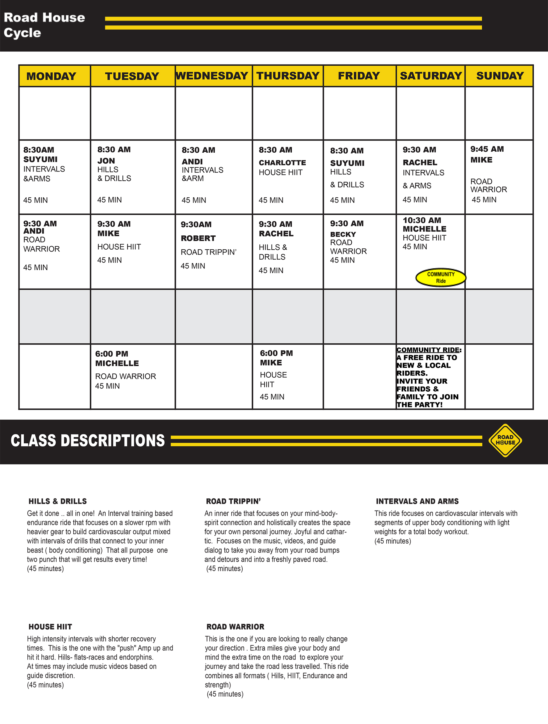 Road House Cycling Fall Class Schedule
