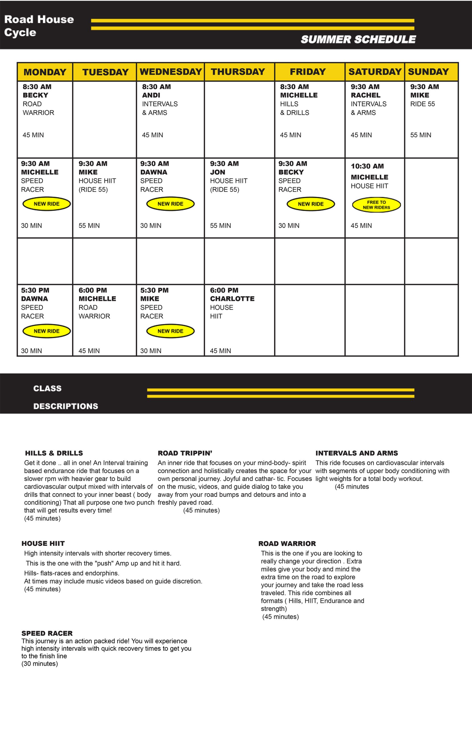 Road House Cycling Spin Class Schedule for June 2023