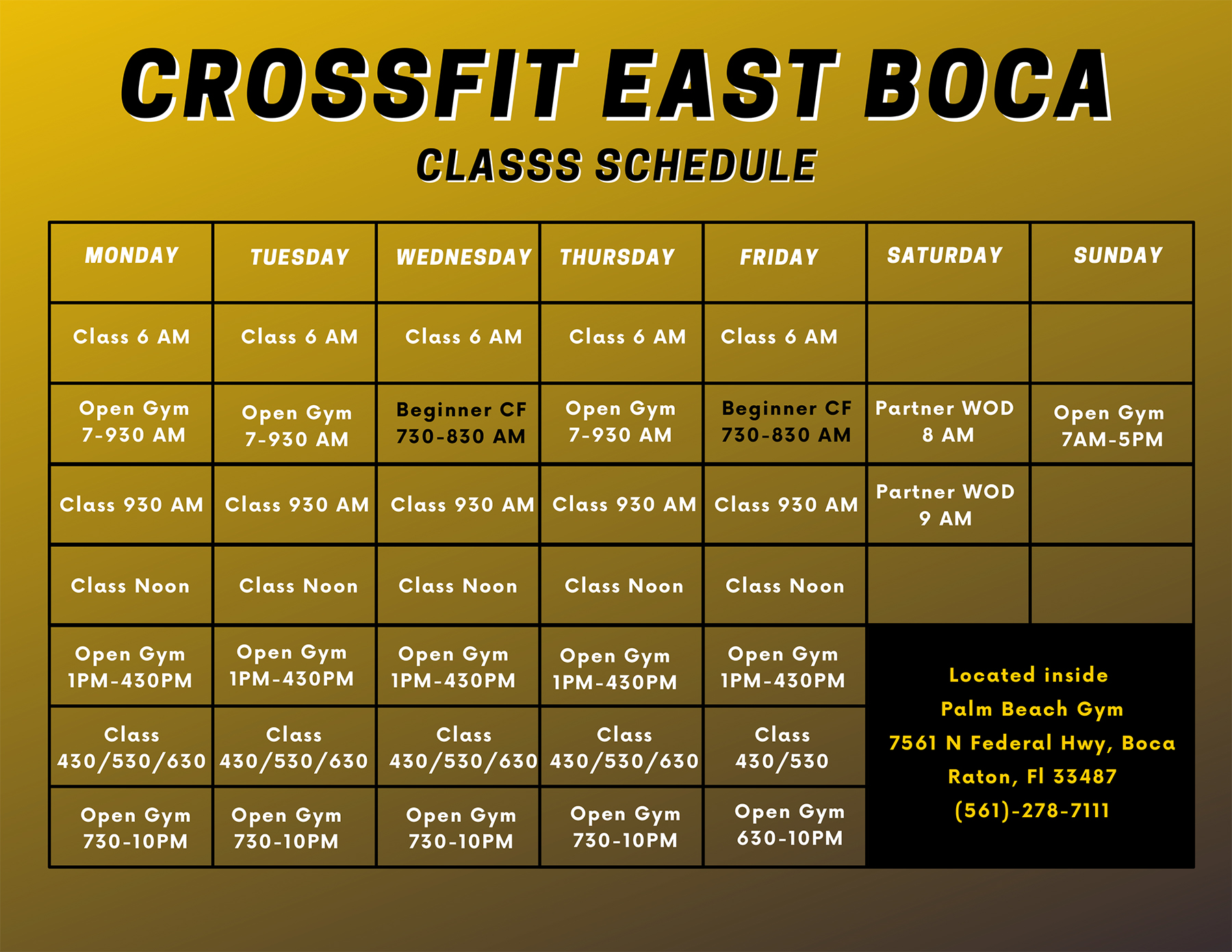 CrossFit East Boca Class Schedule - Fall 2023