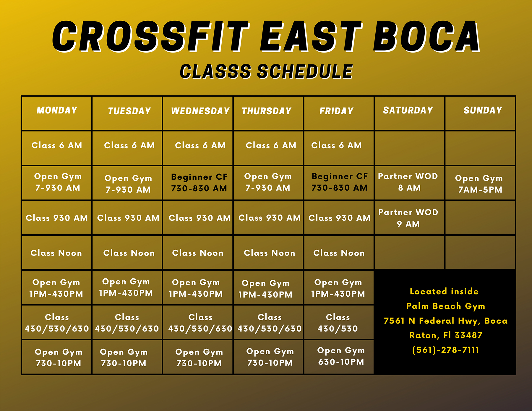 CrossFit East Boca Class Schedule