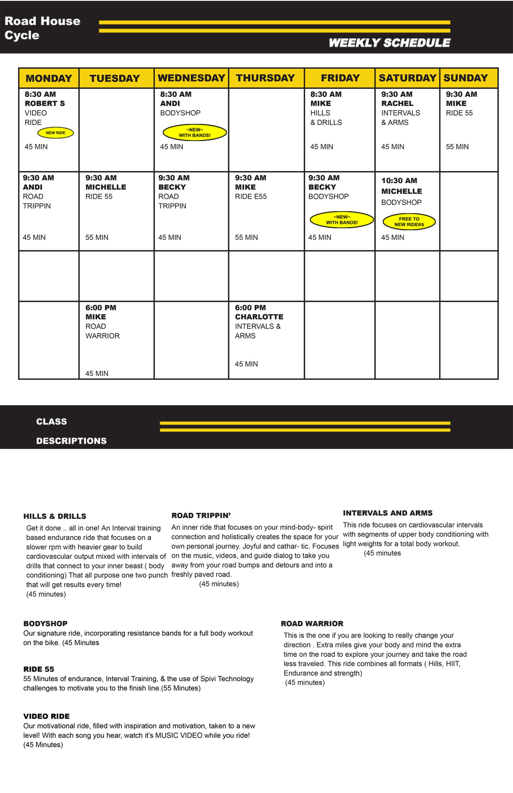 Road House Cycling Group Class Schedule - Fall 2023