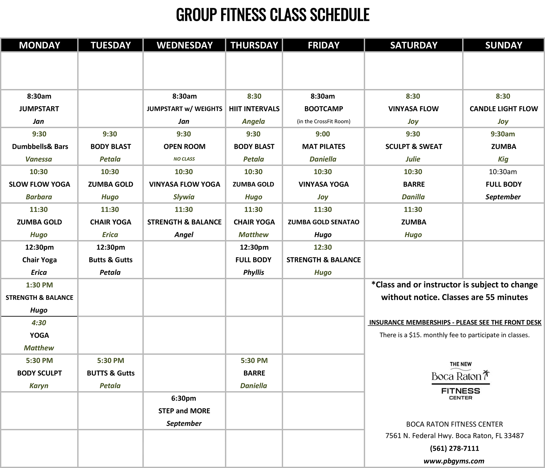Boca Raton Fitness Center Group Fitness Class Schedule
