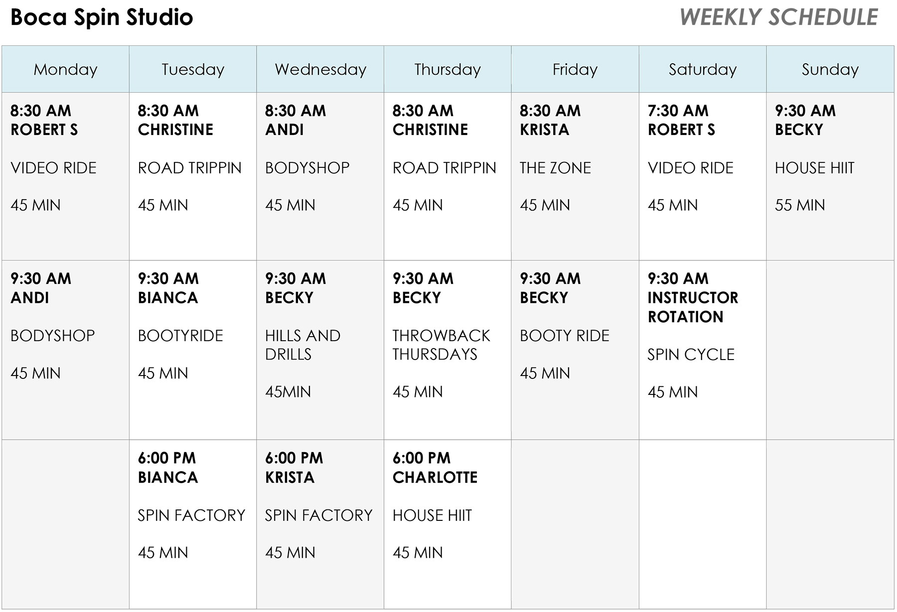 Boca Spin Studio Class Schedule - March 2024