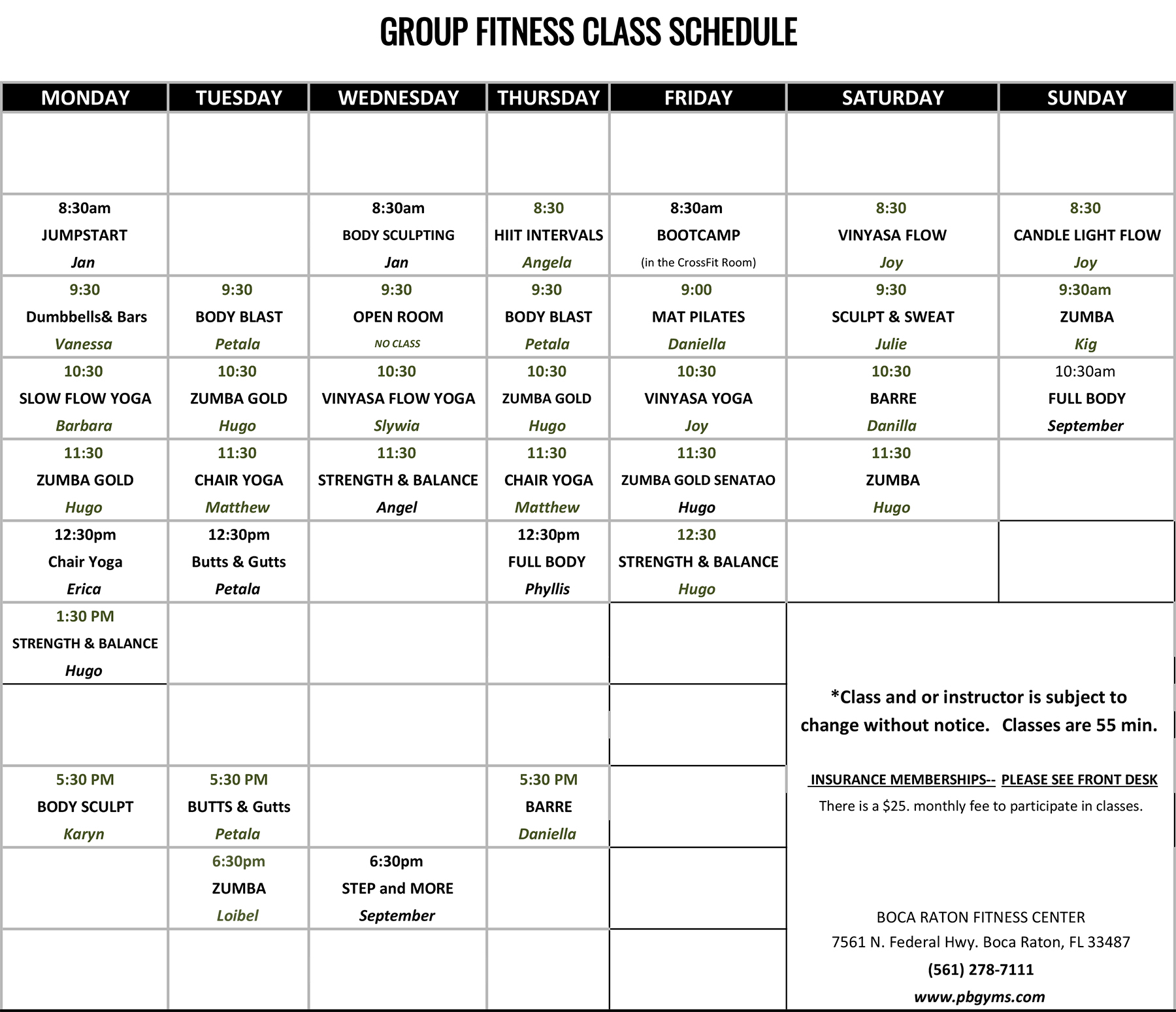 Boca Raton Fitness Center Group Fitness Class Schedule for April 2024