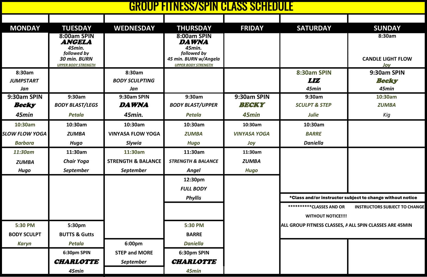 Group Fitness Class Schedule