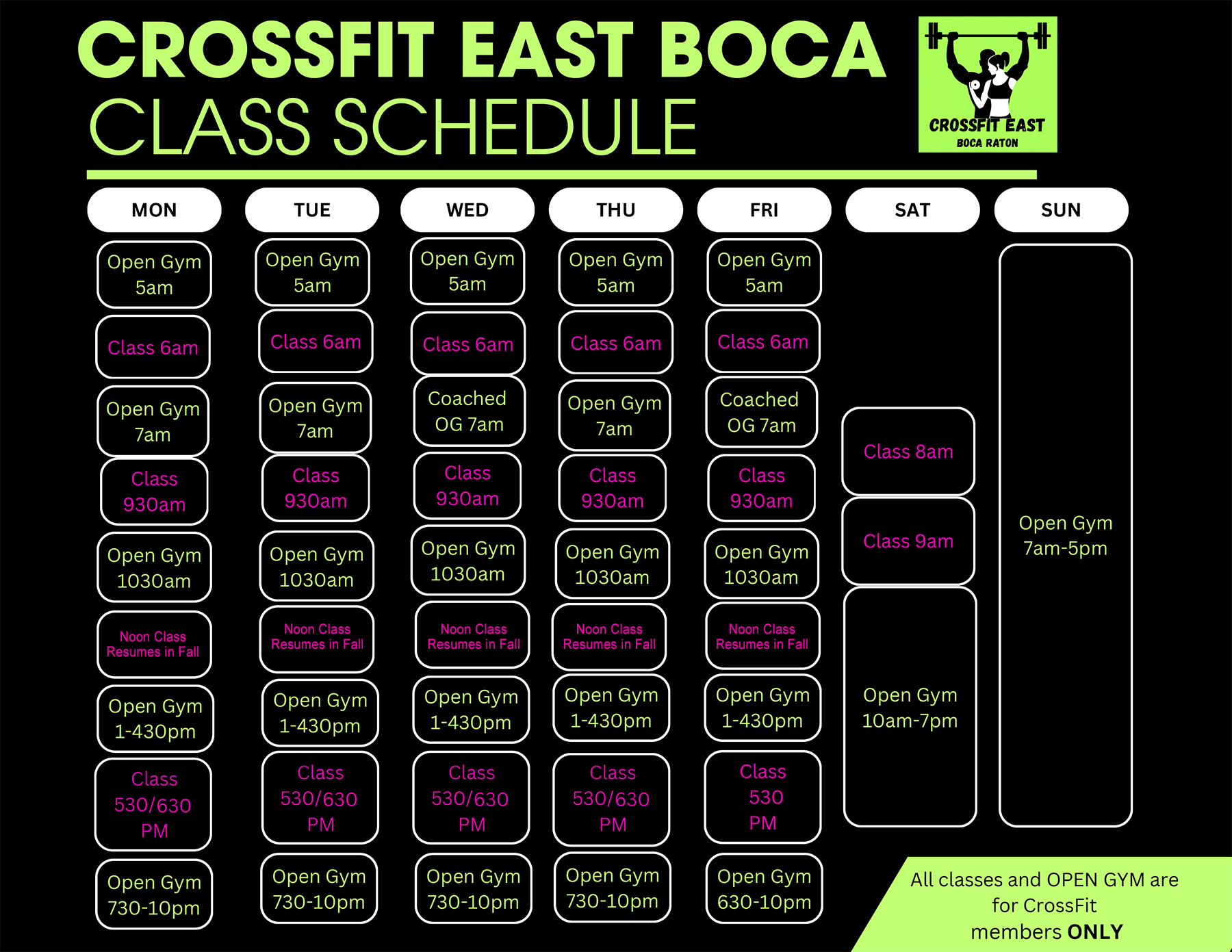 CrossFit East Boca Group Fitness Class Schedule 2025