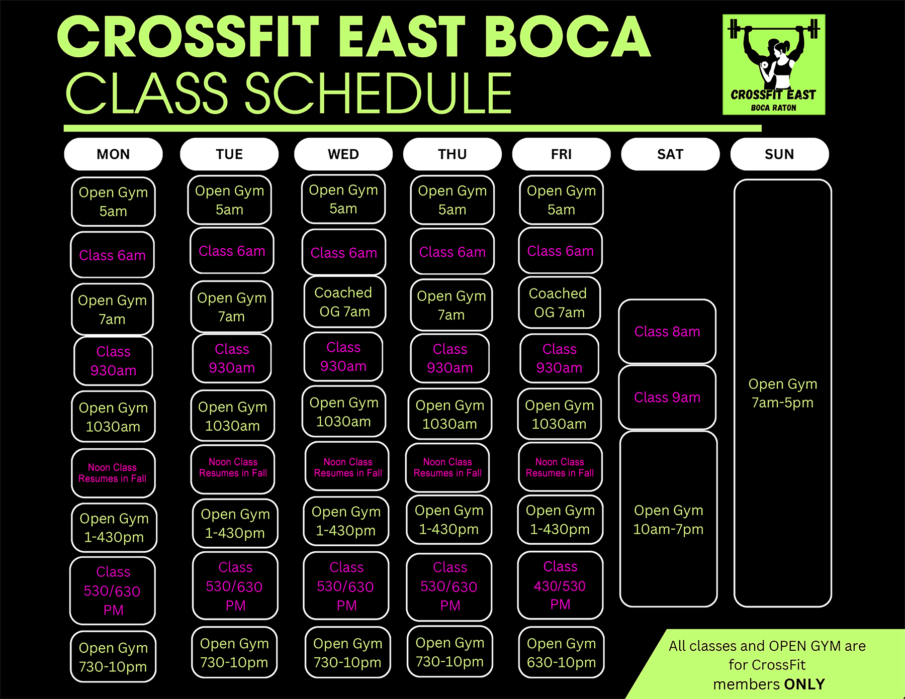 CrossFit East Boca Class Schedule 2025